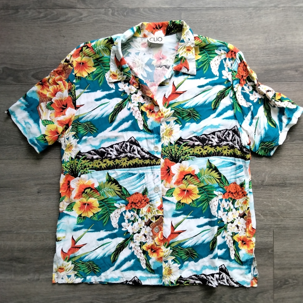 Vintage Clio Short Sleeve Button Down Floral Hawaii Shirt Women's Size L